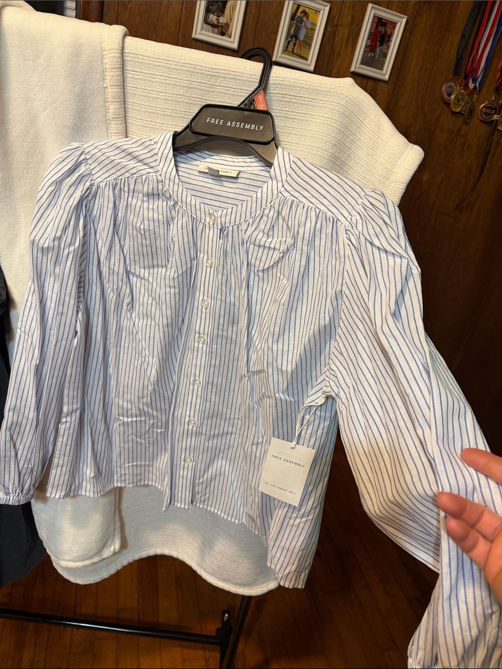 Free Assembly Blue & White Striped Button-Front Blouse